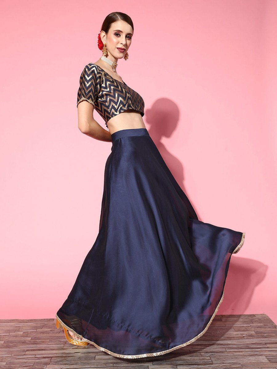 Navy Blue Woven Design Semi-stitched Lehenga Choli With Dupatta - Inddus.com