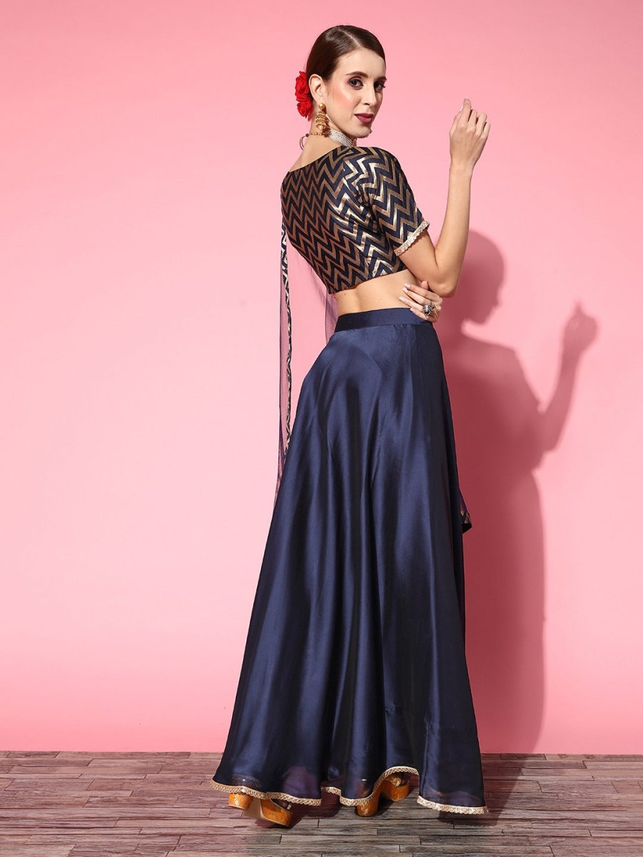 Navy Blue Woven Design Semi-stitched Lehenga Choli With Dupatta - Inddus.com