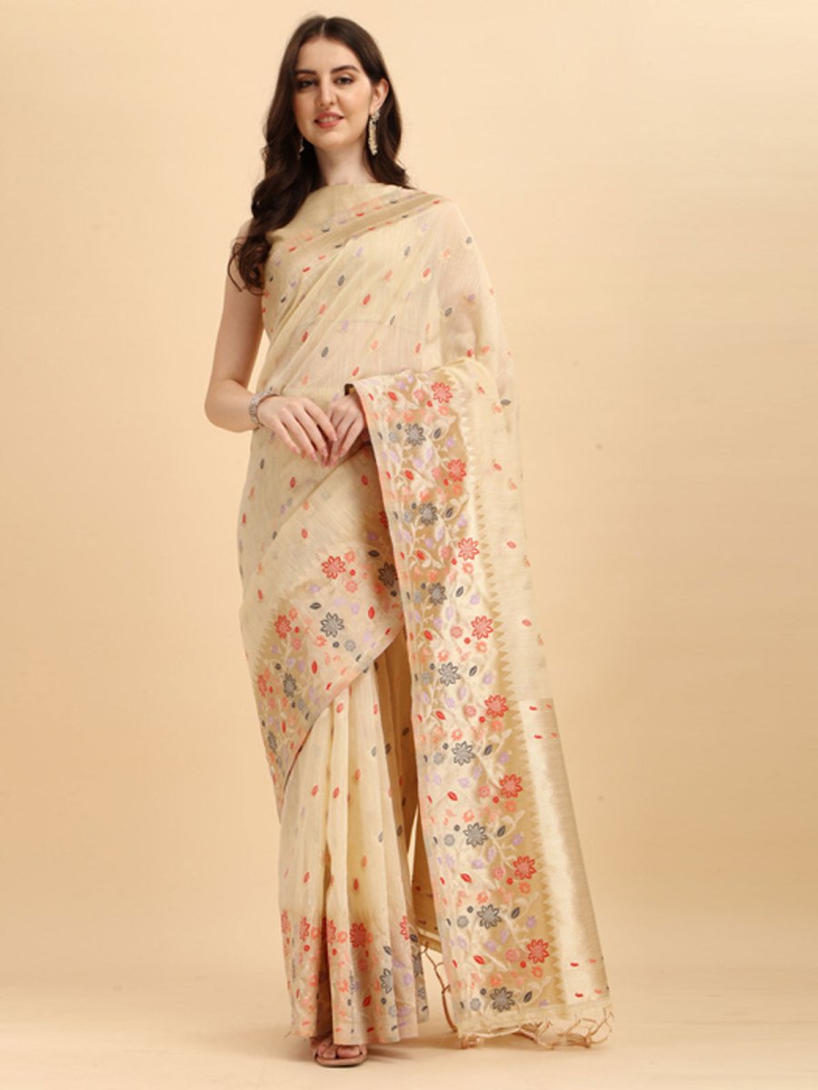 nddus Women Off White Woven Design Traditional Saree with Blouse Piece - Inddus.com