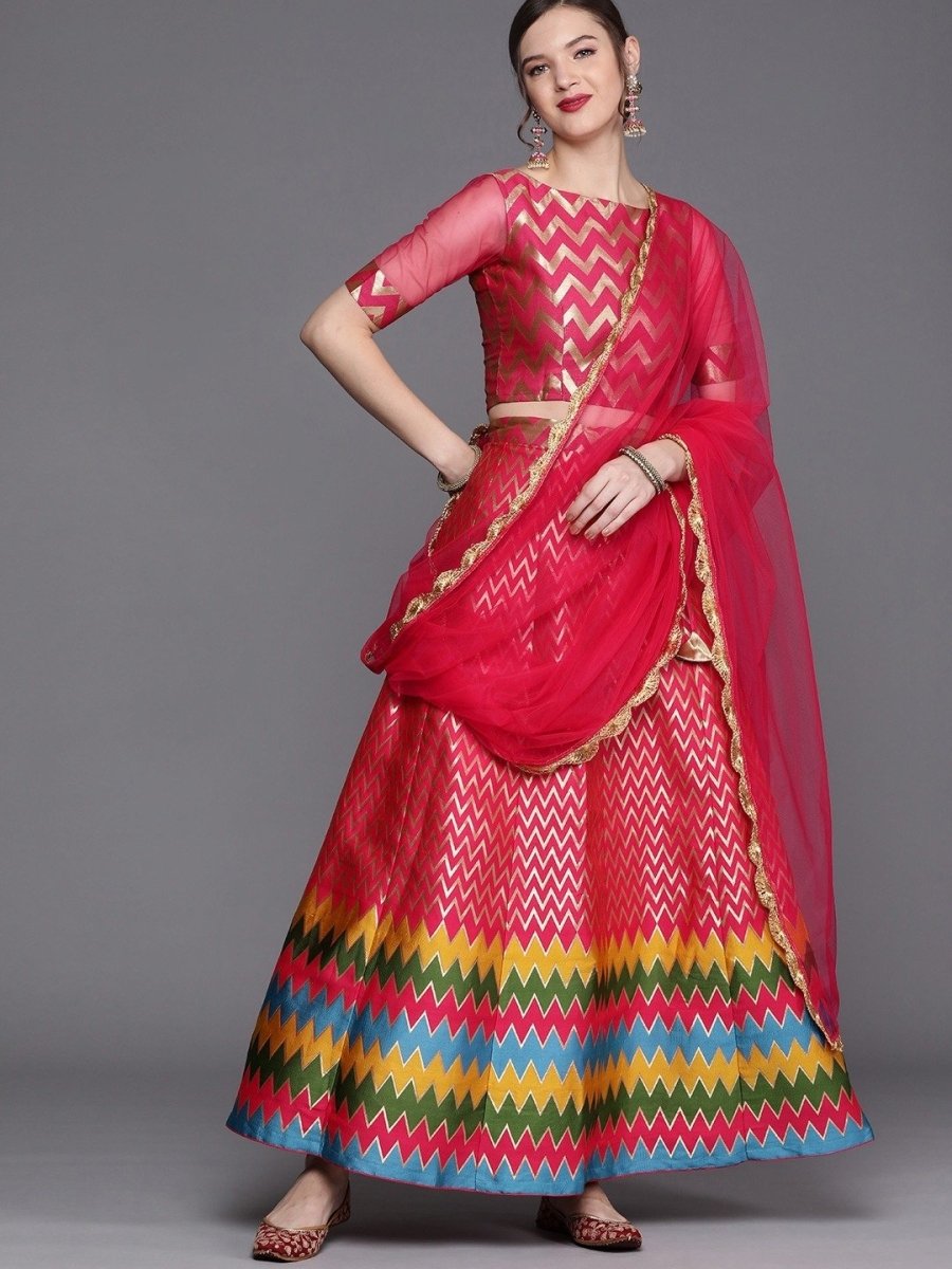 Neon Pink Brocade Woven Semi Stitched Lehenga with Blose and Net Dupatta - inddus-us