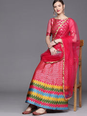 Neon Pink Brocade Woven Semi Stitched Lehenga with Blose and Net Dupatta - inddus-us