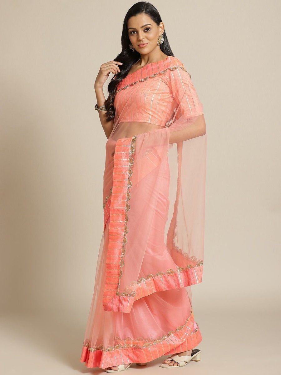 Net Peach Festive Saree - inddus-us