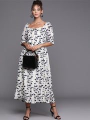 Off white and Blue Indigo Print Cotton Gown - inddus-us