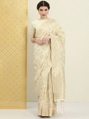 Off White and Gold Floral Zari Woven Saree - Inddus.com