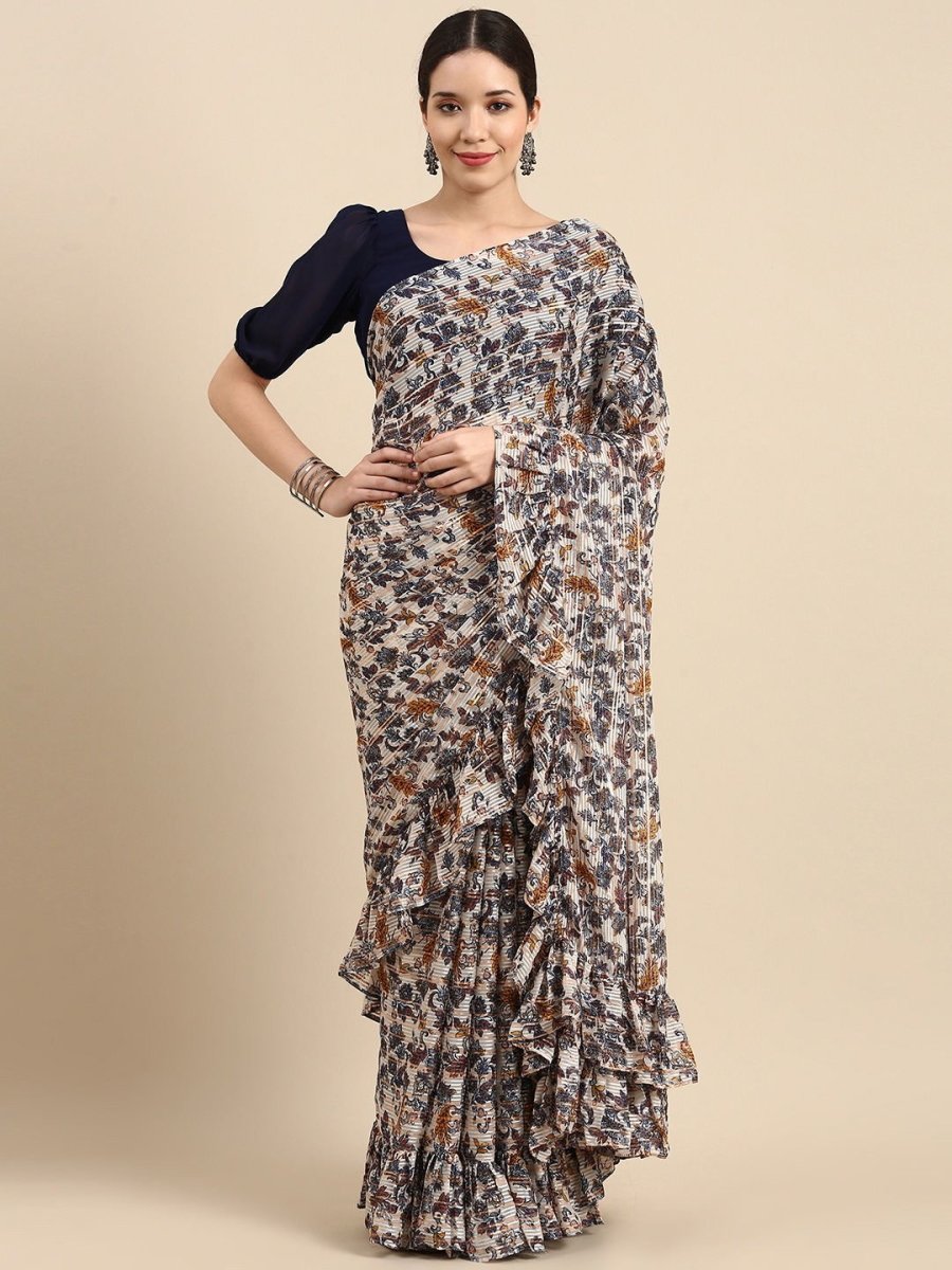Off White and Gold Stripped Floral Printed Ruffled Saree - Inddus.com