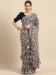 Off White and Gold Stripped Floral Printed Ruffled Saree - Inddus.com
