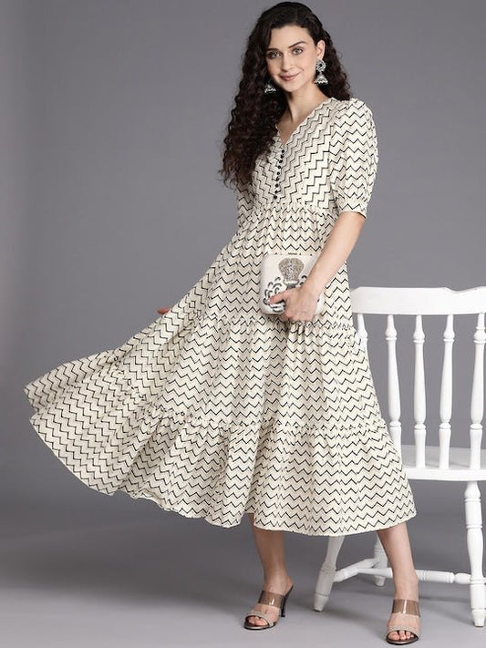 Off White & Black Chevron Printed Pure Cotton Tiered Midi Dress - Inddus.com