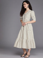 Off White & Black Chevron Printed Pure Cotton Tiered Midi Dress - Inddus.com