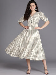 Off White & Black Chevron Printed Pure Cotton Tiered Midi Dress - Inddus.com