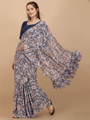 Off White Blue Floral Printed Poly Georgette Saree - Inddus.com