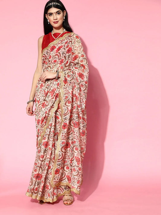 Off White Checked Zari Chanderi Saree - Inddus.com