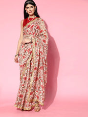 Off White Checked Zari Chanderi Saree - Inddus.com