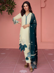 Off White Embroidered Festive-Wear Straight-Cut-Suit - Inddus.com