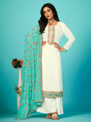 Off White Embroidered Partywear Palazzo-Suit - Inddus.com