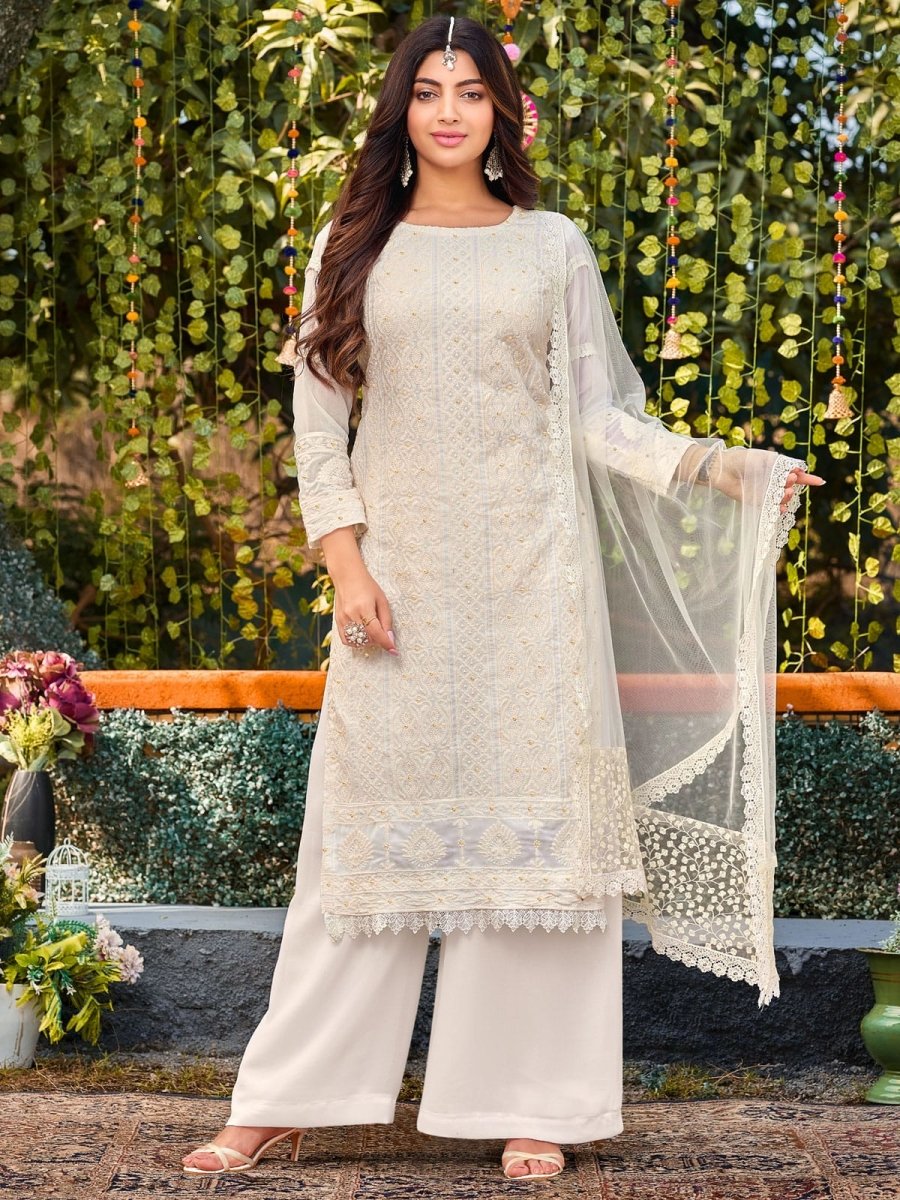 Off White Embroidered Partywear Palazzo Suit - Inddus.com