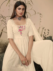 Off White Embroidered Partywear Palazzo Suit - Inddus.com