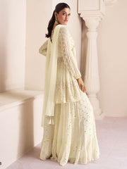 Off-White Embroidered Partywear Palazzo-Suit - Inddus.com