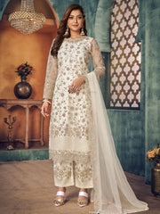 Off White Embroidered Partywear Straight Cut Suit - Inddus.com