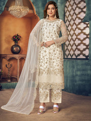 Off White Embroidered Partywear Straight Cut Suit - Inddus.com