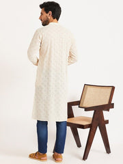 off white Ethnic Motifs Embroidered Cotton Straight Kurta - Inddus.com