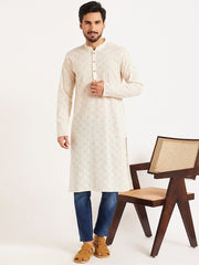 off white Ethnic Motifs Embroidered Cotton Straight Kurta - Inddus.com