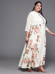 Off White Floral Print Georgette Ethnic Maxi Dress - Inddus.com