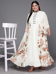 Off White Floral Print Georgette Ethnic Maxi Dress - Inddus.com