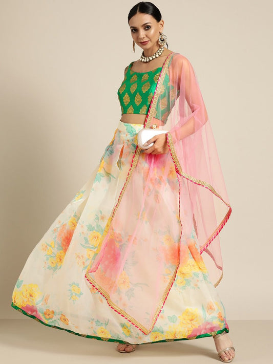 Off White & Green Semi-Stitched Lehenga & Unstitched Blouse With Dupatta - Inddus.com