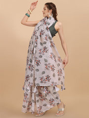 Off White & Grey Floral Printed Jute Cotton Saree - Inddus.com
