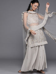 Off White Net Embroidered Sharara Suit - Inddus.com