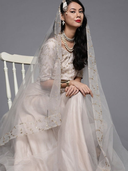 Off White Net Sequins Lehenga Choli - inddus-us