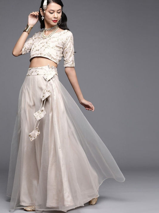 Off White Net Sequins Lehenga Choli - inddus-us