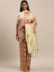 Off-White & Pink Silk Blend Woven Design Saree - inddus-us