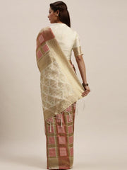 Off-White & Pink Silk Blend Woven Design Saree - inddus-us