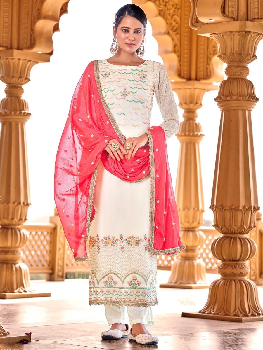 Off White Viscose Georgette Wedding Pakistani Style Suit - Inddus.com