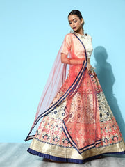 Off White Woven Lehenga with Blouse and Dupatta - Inddus.com