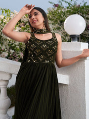 Olive Georgette Partywear Palazzo-Suit - Inddus.com