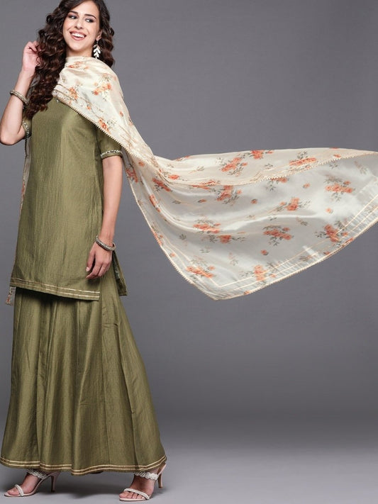 Olive Green Kurta with Sharara and Organza Dupatta - Inddus.com