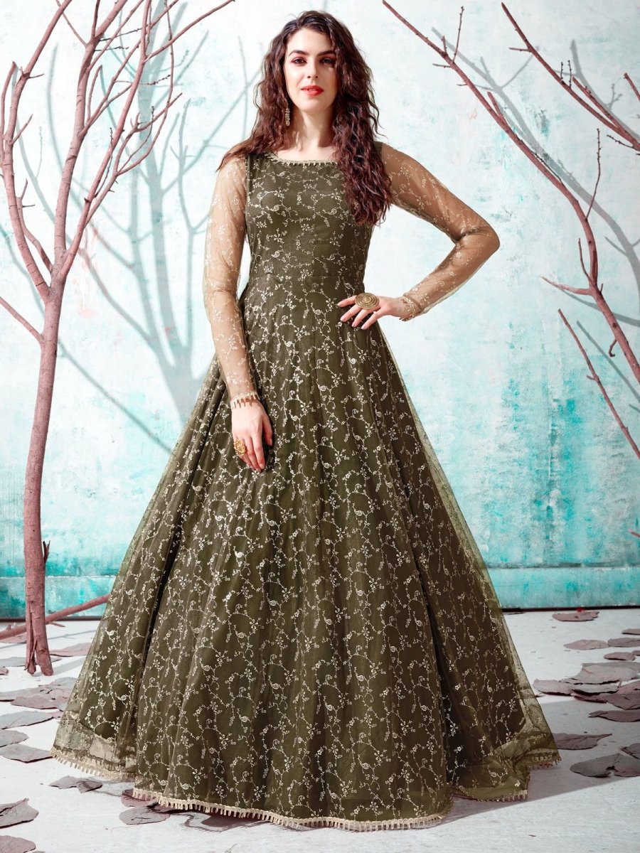Olive Green Net Partywear Gown - inddus-us