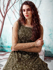 Olive Green Net Partywear Gown - inddus-us