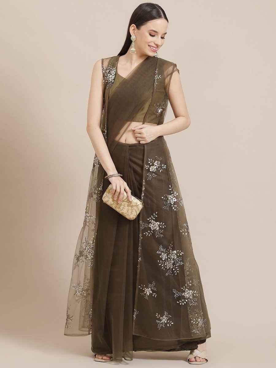 Olive Green Net Solid Saree with Jacket - Inddus.com