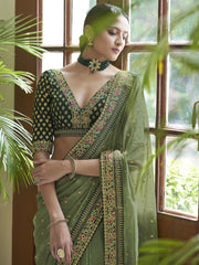 Olive Green Organza Embroidered Saree - inddus-us