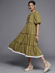 Olive Green Self Striped Cotton Tiered Midi Fit & Flare Dress - Inddus.com