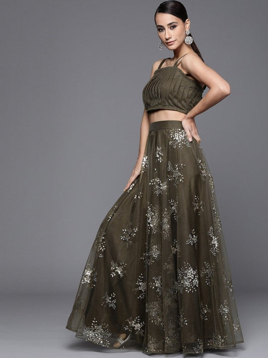 Olive Green Sequinned Semistitched Lehenga with Blouse and Ruffled Dupatta - inddus-us
