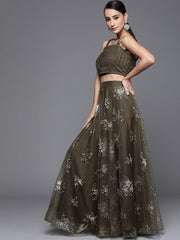 Olive Green Sequinned Semistitched Lehenga with Blouse and Ruffled Dupatta - inddus-us