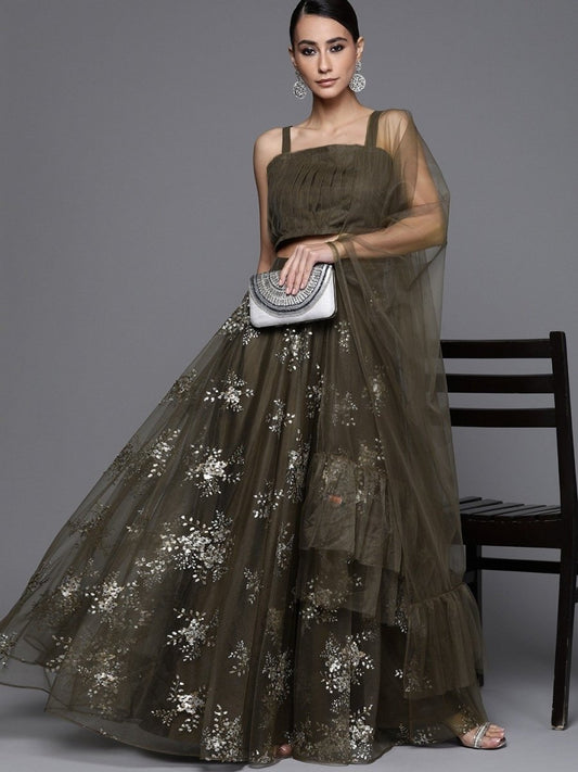Olive Green Sequinned Semistitched Lehenga with Blouse and Ruffled Dupatta - inddus-us