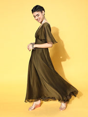 Olive Poly Silk Partywear Solid Dresses - Inddus.com