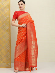 Orange and Red Zari Woven Traditional Saree - inddus-us