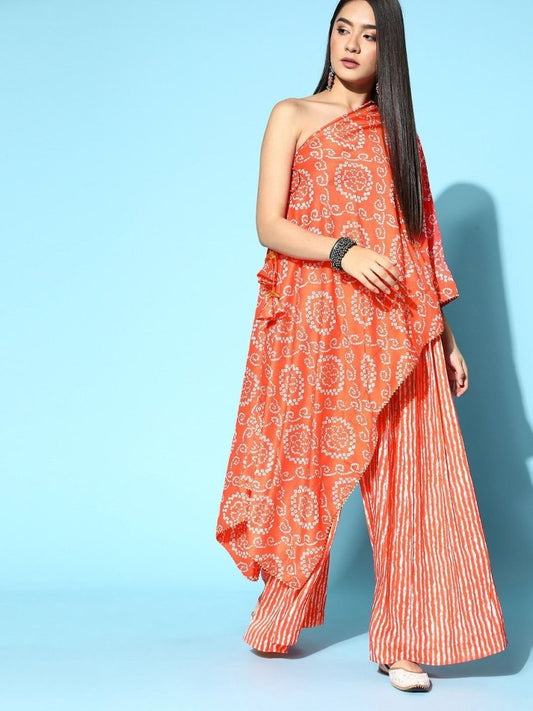 Orange Bandhani Print Kurta with Printed Palazzo - Inddus.com