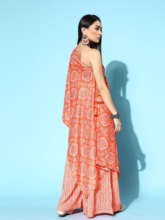 Orange Bandhani Print Kurta with Printed Palazzo - Inddus.com